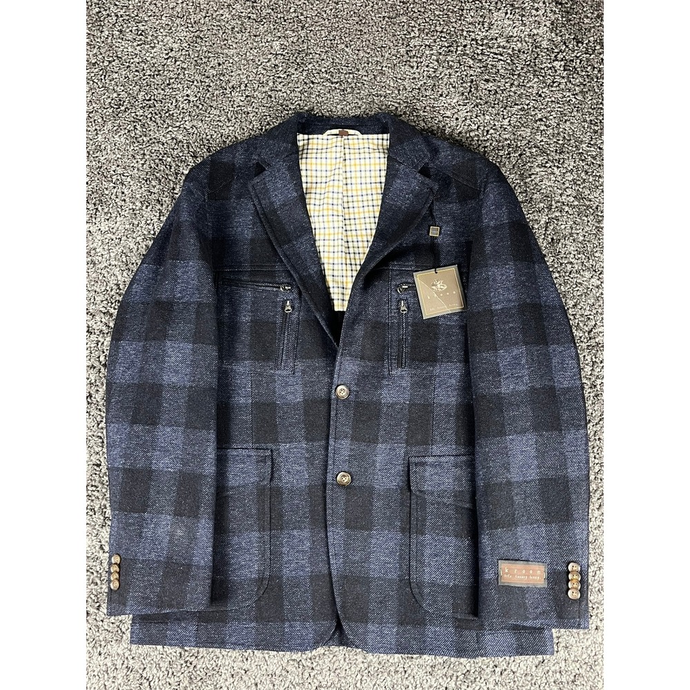 Kroon Nash Navy Buffalo Plaid Wool Blend Blazer Sport Coat 42R W13215LK - Picture 1 of 11